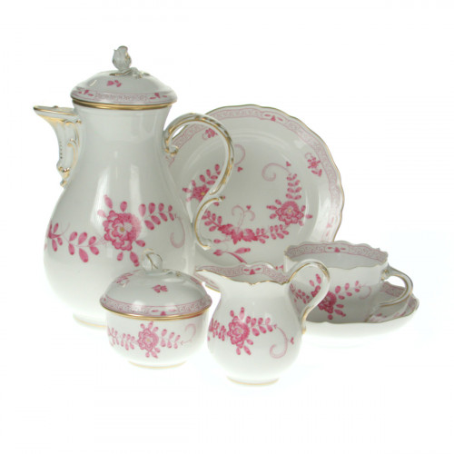 Meissen Neuer Ausschnitt - Indische Malerei 2 mit Kante purpur Goldpunkte mit Goldrand Kaffeeservice 6 Personen 21-tlg.