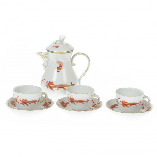 Meissen Neuer Ausschnitt - Reicher Drache rot goldschattiert mit Goldrand Espresso-Set 3 Personen 7-tlg.