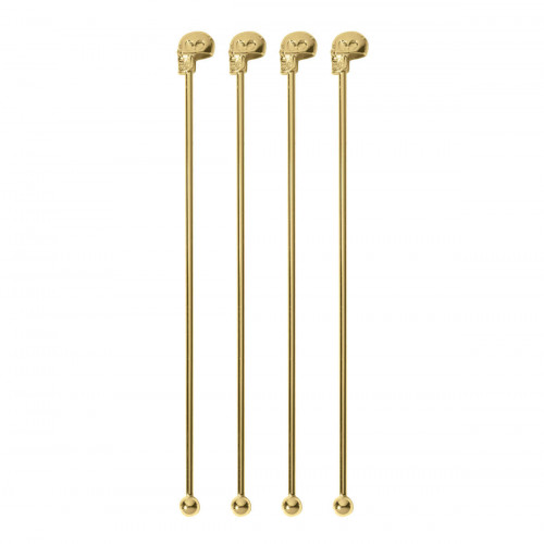 Sambonet Paderno Bar Utensils - Edelstahl / PVD Gold Cocktailrührer Totenkopf Set 4-tlg. 18,5 cm