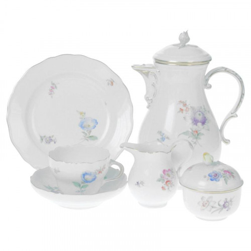 Meissen  'Neuer Ausschnitt - Blume 2 seitlich leichte Manier gestreut bunt mit Goldrand' Kaffeeservice 6 Personen 21-tlg.