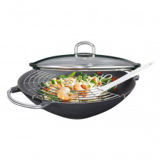 Küchenprofi Wok Premium mit Glasdeckel und Zubehör Provence Schwarz d: 36 cm / h: 10 cm