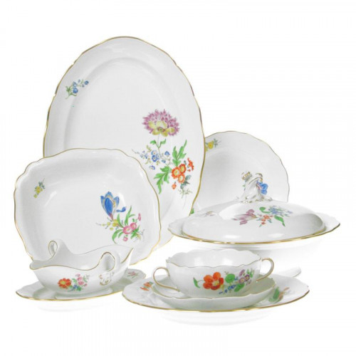 Meissen Neuer Ausschnitt - Blume 3 schräg bunt mit Goldrand Servizio da tavola per 6 persone 28 pezzi
