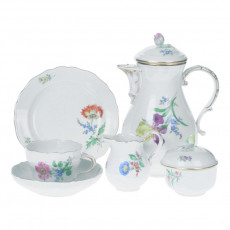 Meissen Neuer Ausschnitt - Blume 2 schräg bunt mit Goldrand 커피 서비스 7 인용 24 개 세트.