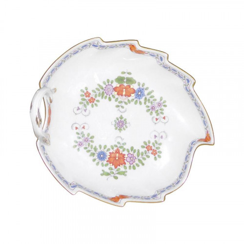Meissen Neuer Ausschnitt - Indische Blumenmalerei zweiteilig bunt Kupferfarben met gouden rand Confetti vel / bladschaal 19 cm