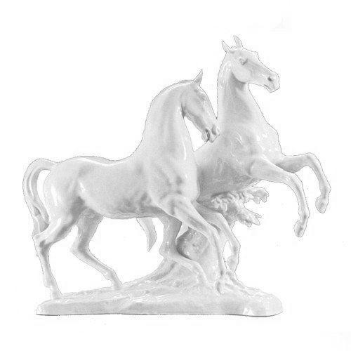 Hutschenreuther Pferdegruppe - 2 Pferde Overmoed paard en ruiter - mat 36 cm hoog, 43 cm breed