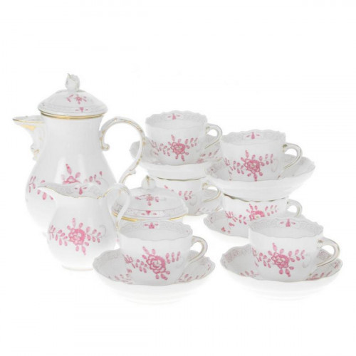 Meissen Neuer Ausschnitt - Indische Malerei 2 mit Kante purpur Goldpunkte mit Goldrand Zestaw do espresso dla 6 osób, 15 części