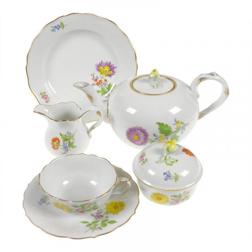 Meissen Neuer Ausschnitt - Blume 2 schräg bunt mit Goldrand Serviciu de ceai pentru 6 persoane, 21 piese.