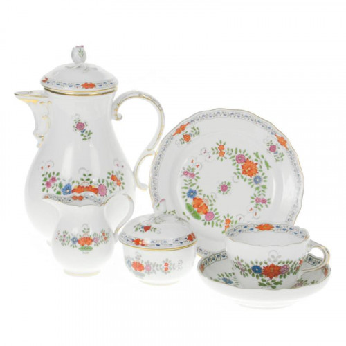 Meissen Neuer Ausschnitt - Indische Blumenmalerei zweiteilig bunt Kupferfarben mit Goldrand Kaffeservis 6 personer 21 delar.