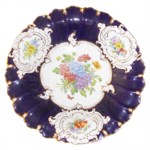 Meissen Blume Kobalt mit Goldrand Sertifikalı süslü kase 30 cm