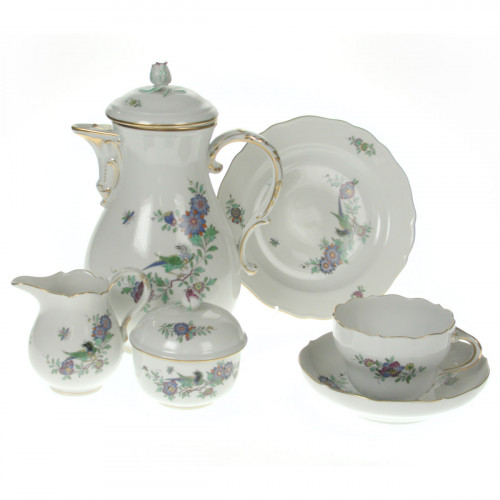 Meissen Neuer Ausschnitt - Indische Fels- Blumen- und Vogelmalerei 125 bunt mit Goldrand Coffee service for 6 people 21 pieces