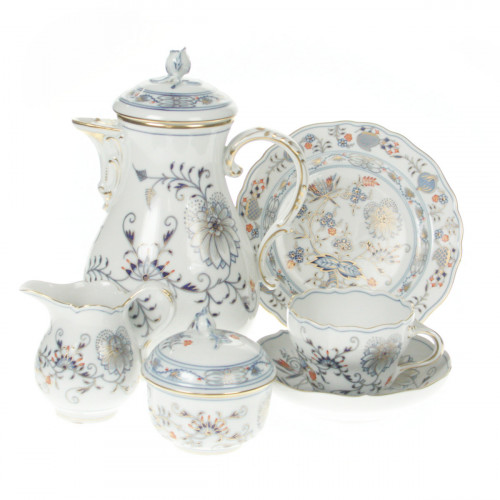 Meissen Neuer Ausschnitt - Zwiebelmuster kobaltblau rot- und goldschattiert mit Goldrand Coffee service for 6 people 21 pieces