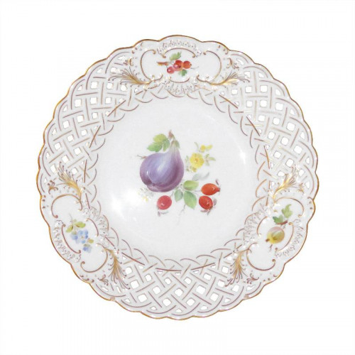 Meissen Neuer Ausschnitt - Fruchtmalerei bunt mit Goldrand Plate with perforation 18 cm