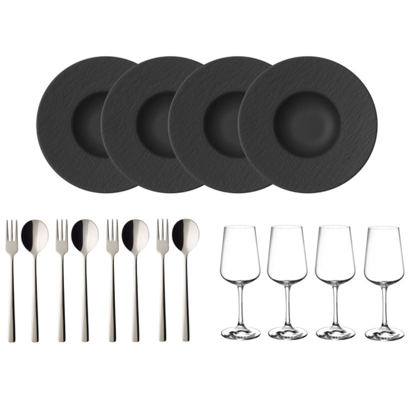 Villeroy & Boch Manufacture Rock Geschirrset – 12-teilig, Schwarz Matt, Made In Germany, Porzellan