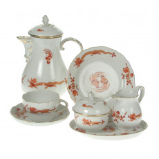 Meissen Neuer Ausschnitt - Reicher Drache rot goldschattiert mit Goldrand Coffee service for 6 people 22 pieces