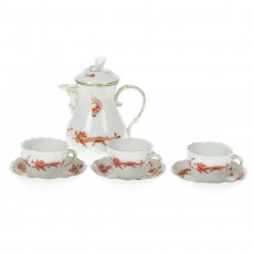 Meissen New neckline - Rich dragon red gold shaded with gold edge Espresso set 3 people 7 pcs.