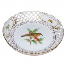 Meissen Neuer Ausschnitt - Vogel- und Insektmalerei leicht bunt mit Goldrand Bowl with breakthrough 21 cm