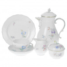 Meissen Neuer Ausschnitt - Blume 2 seitlich leichte Manier gestreut bunt mit Goldrand Coffee service for 6 people 21 pieces
