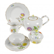Meissen Neuer Ausschnitt - Blume 2 schräg bunt mit Goldrand Tea service for 6 people, 21 pieces