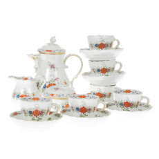 Meissen Neuer Ausschnitt - Indische Blumenmalerei zweiteilig bunt Kupferfarben mit Goldrand Espresso set for 6 people, 15 pieces