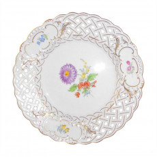Meissen Neuer Ausschnitt - Blume 3 mitte bunt mit Goldrand Plate with perforation 21 cm