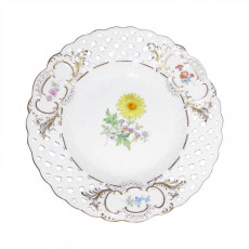 Meissen Neuer Ausschnitt - Blume 2 mitte bunt mit Goldrand Plate with perforation 19 cm