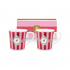 Pip Studio Love Birds Red-Pink Kaffeetassen Streifen Set 2-tlg. 0,19 L