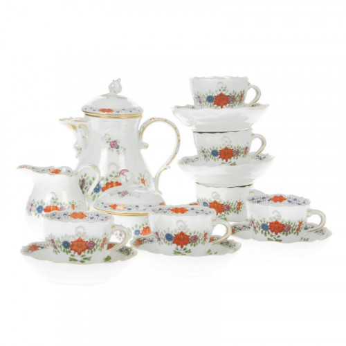 Meissen Neuer Ausschnitt - Indische Blumenmalerei zweiteilig bunt Kupferfarben mit Goldrand Espresso sada pro 6 osob, 15 dílů