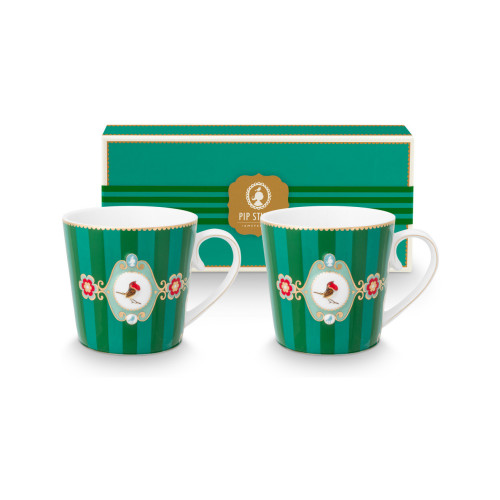 Pip Studio Love Birds Emerald-Green Juego de 2 tazas de té rayas 0,30 L