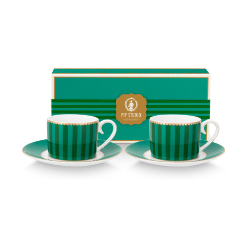 Pip Studio Love Birds Emerald-Green Stripes Espressotasse Set 4-tlg. im GK 0,12 L