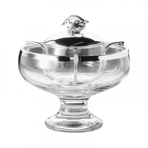 Robbe & Berking Tafelgeräte 925 Sterling argent Plateau de caviar en verre de cristal avec couvercle en argent et garniture en argent d: 17 cm